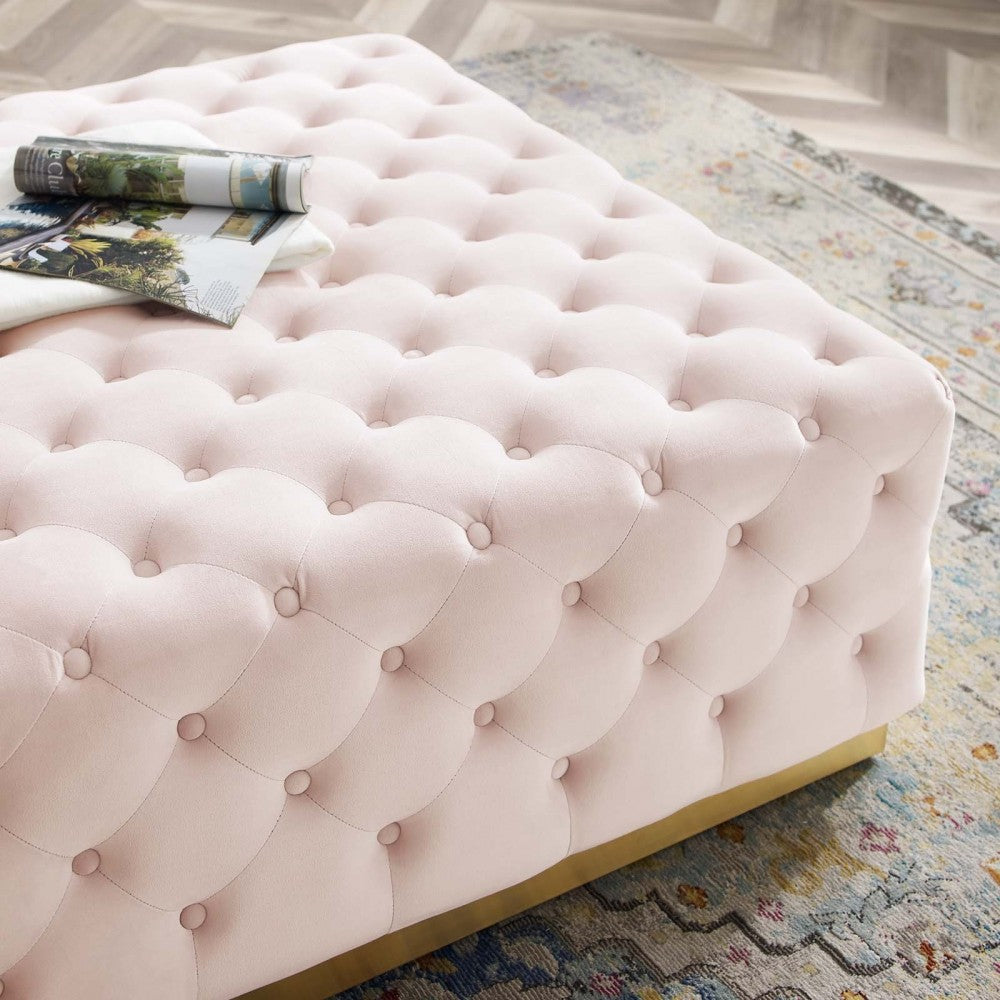 Ensconce Tufted Performance Velvet Square Ottoman, Pink