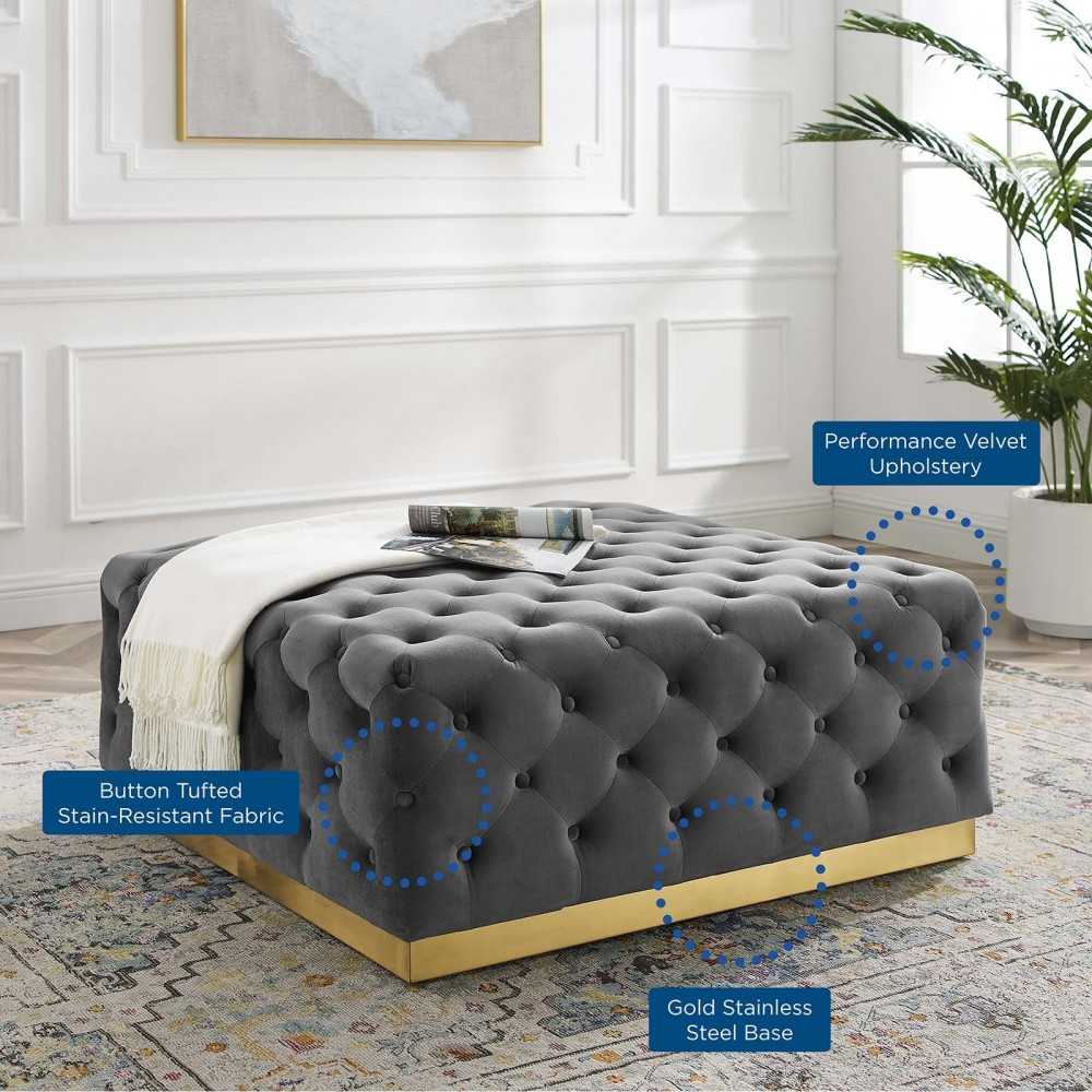 Ensconce Tufted Performance Velvet Square Ottoman, Gray