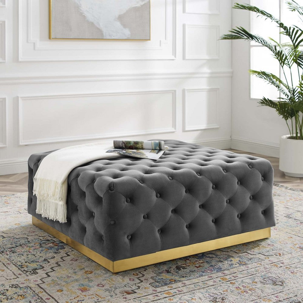 Ensconce Tufted Performance Velvet Square Ottoman, Gray
