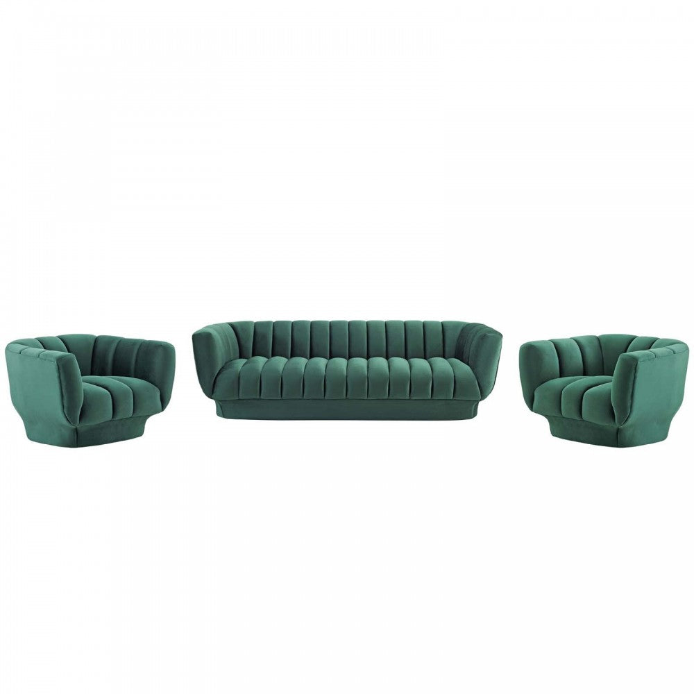 Entertain Vertical Channel Tufted Performance Velvet 3 Piece Set, Green