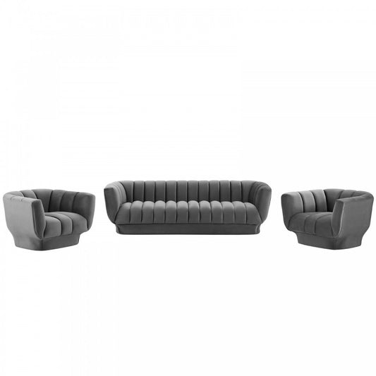 Entertain Vertical Channel Tufted Performance Velvet 3 Piece Set, Gray