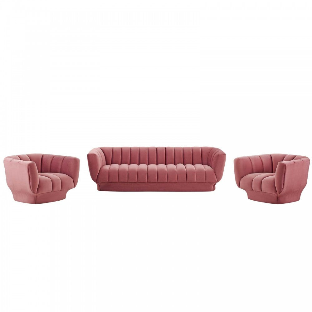 Entertain Vertical Channel Tufted Performance Velvet 3 Piece Set, Dusty Rose