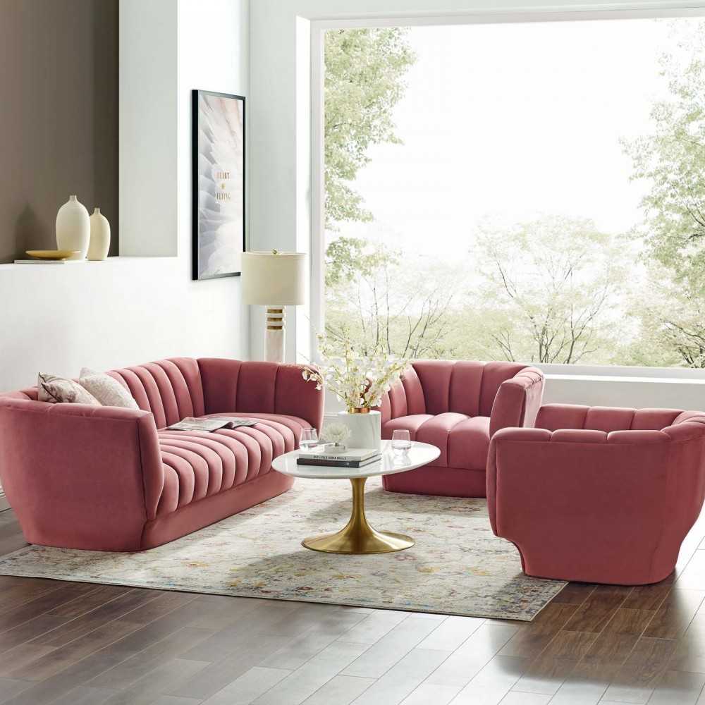 Entertain Vertical Channel Tufted Performance Velvet 3 Piece Set, Dusty Rose