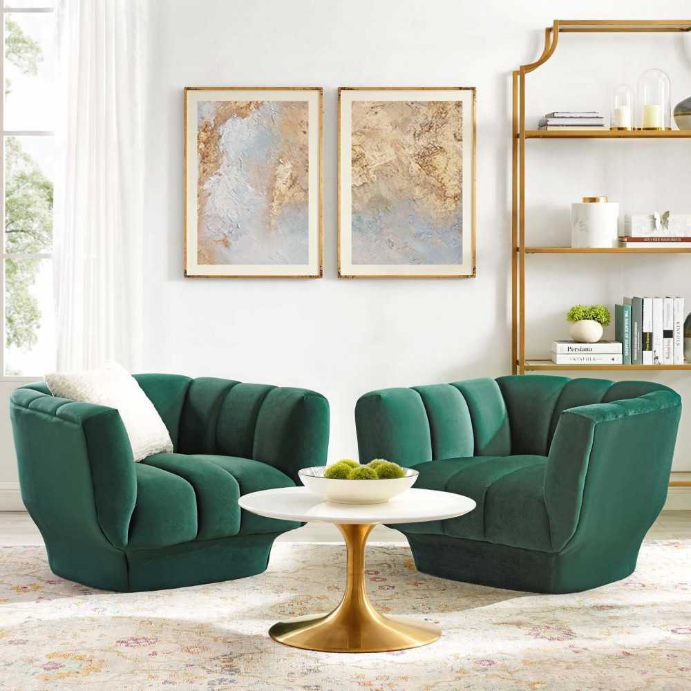 Entertain Vertical Channel Tufted Performance Velvet Armchair Set of 2, Green