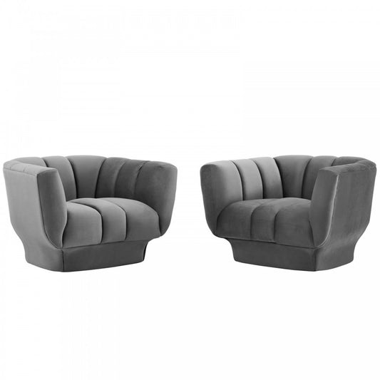 Entertain Vertical Channel Tufted Performance Velvet Armchair Set of 2, Gray