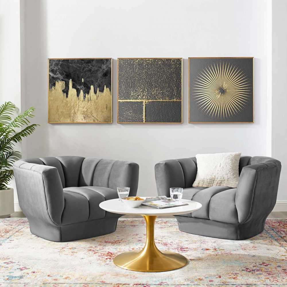 Entertain Vertical Channel Tufted Performance Velvet Armchair Set of 2, Gray