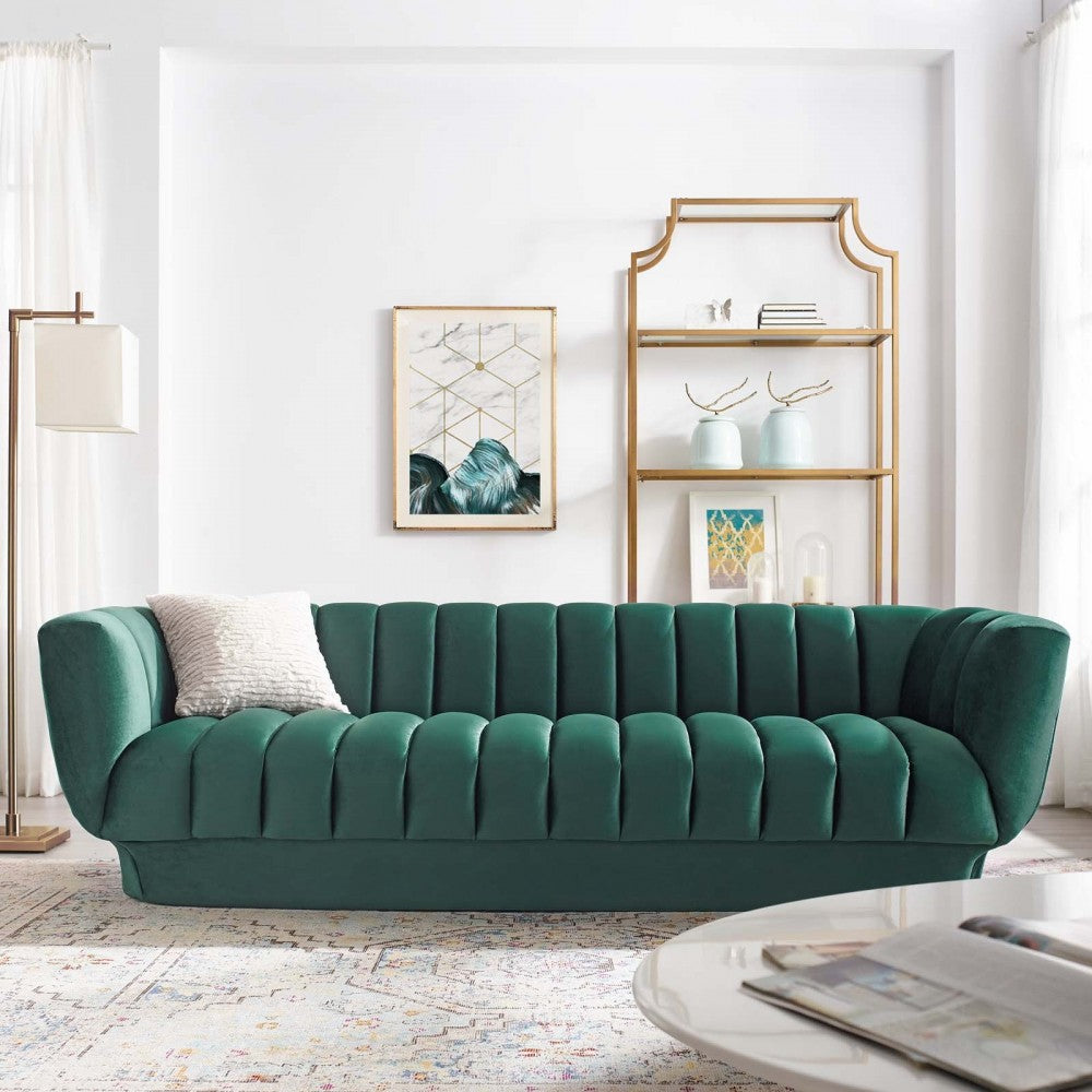 Entertain Vertical Channel Tufted Performance Velvet Sofa, Green