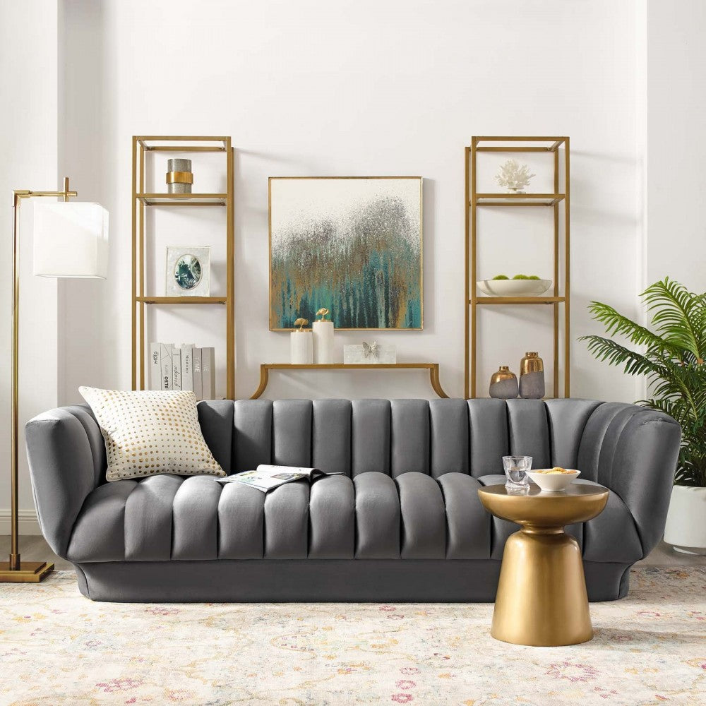 Entertain Vertical Channel Tufted Performance Velvet Sofa, Gray