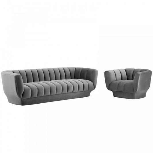 Entertain Vertical Channel Tufted Performance Velvet Sofa and Armchair Set, Gray
