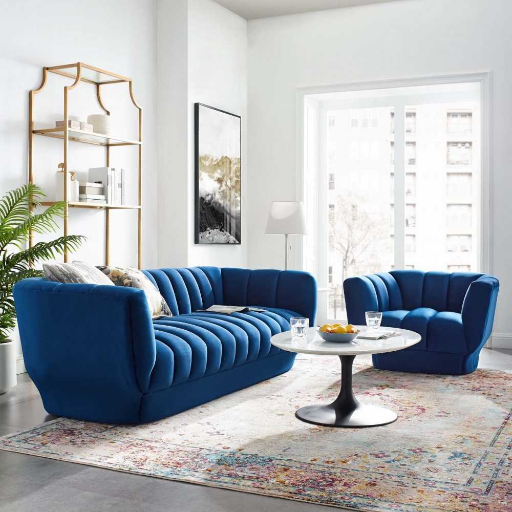 Entertain Vertical Channel Tufted Performance Velvet Sofa and Armchair Set, Navy