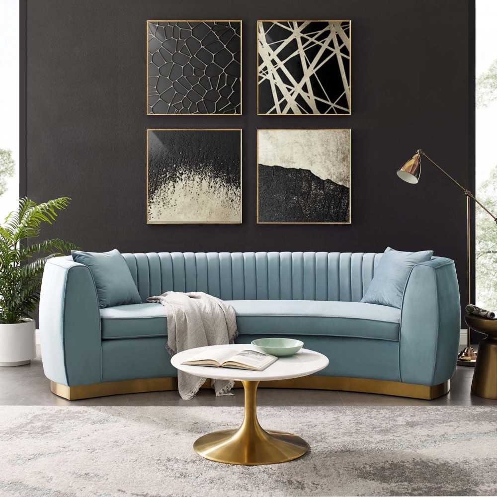 Enthusiastic Vertical Channel Tufted Curved Performance Velvet Sofa, Light Blue