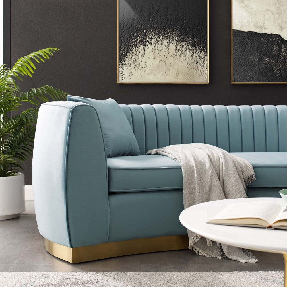 Enthusiastic Vertical Channel Tufted Curved Performance Velvet Sofa, Light Blue