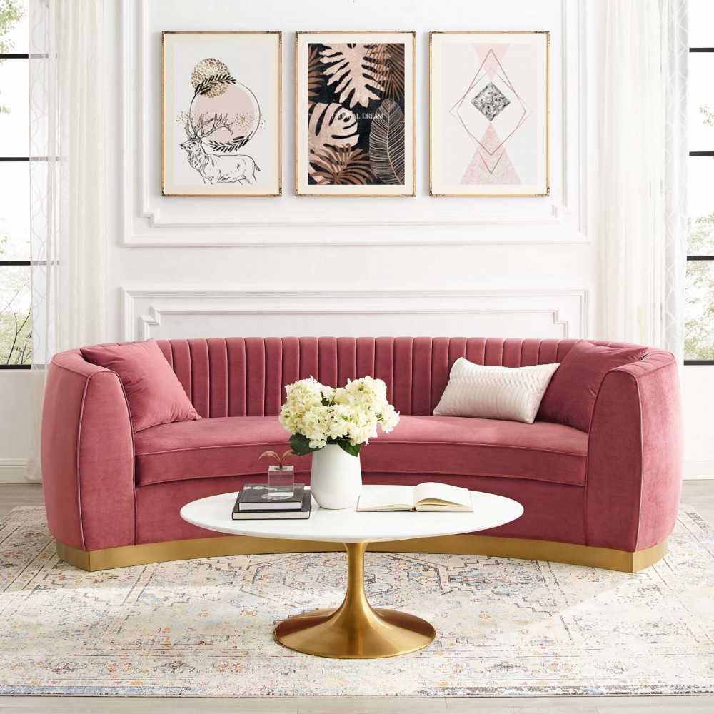 Enthusiastic Vertical Channel Tufted Curved Performance Velvet Sofa, Dusty Rose