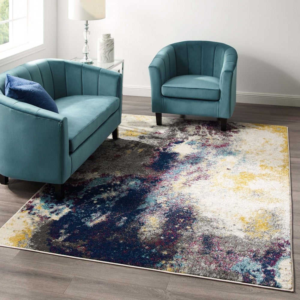 Entourage Adeline Contemporary Modern Abstract 5x8 Area Rug, Blue, Gray, Yellow, Ivory, Pink