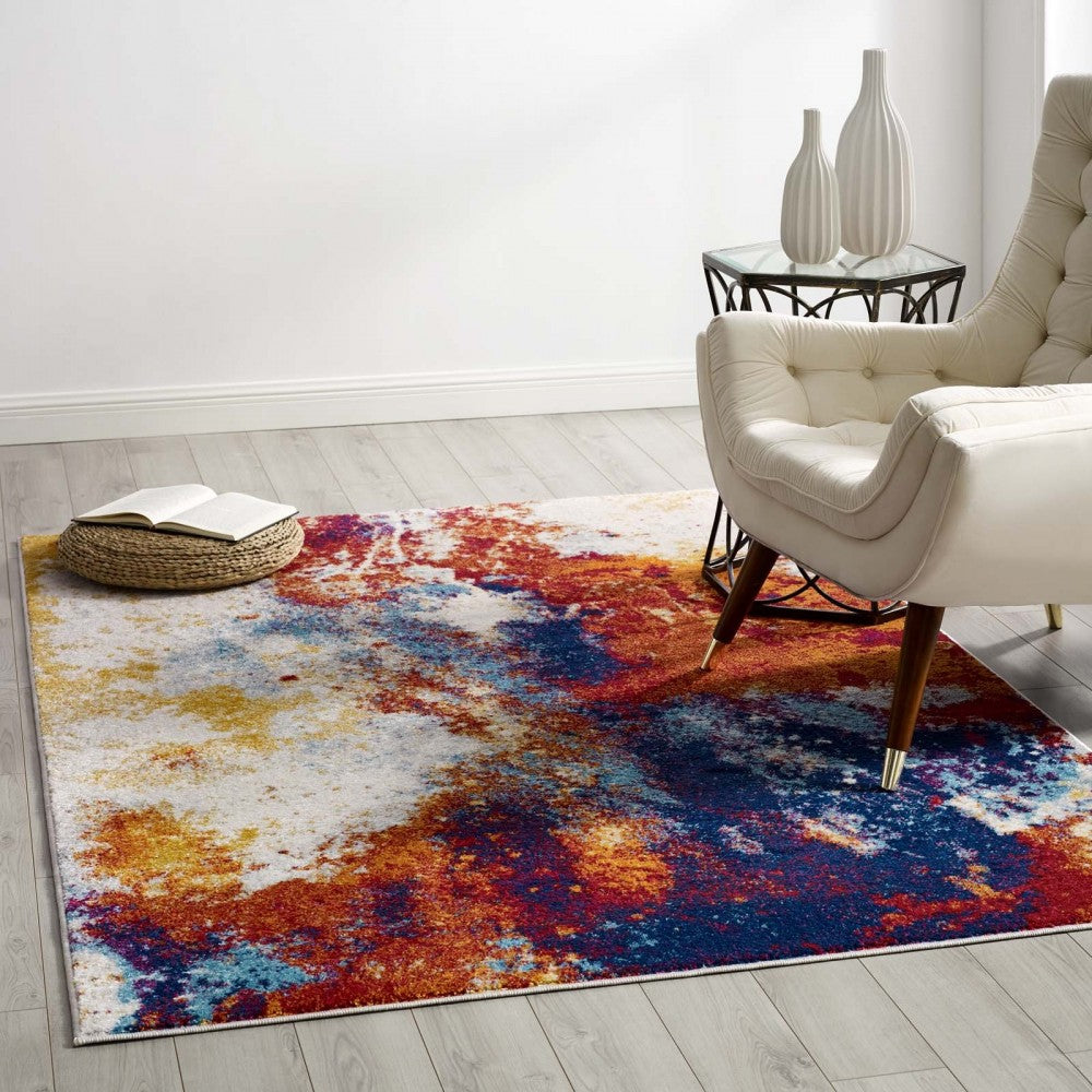 Entourage Adeline Contemporary Modern Abstract 5x8 Area Rug, Red, Orange, Yellow, Blue, Ivory