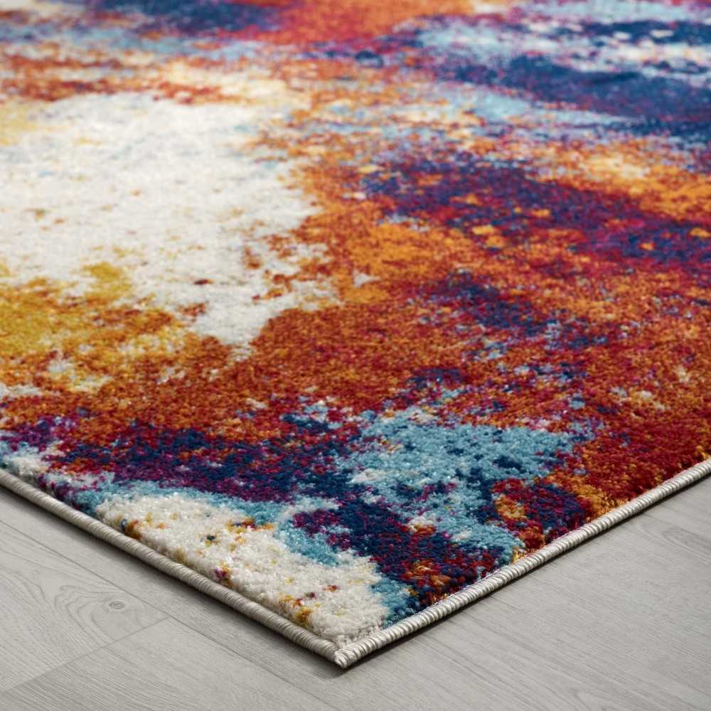 Entourage Adeline Contemporary Modern Abstract 5x8 Area Rug, Red, Orange, Yellow, Blue, Ivory