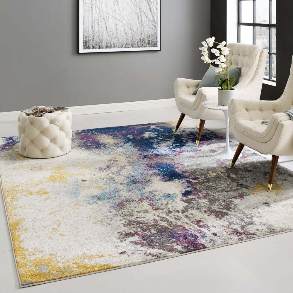 Entourage Adeline Contemporary Modern Abstract 8x10 Area Rug, Blue, Gray, Yellow, Ivory, Pink