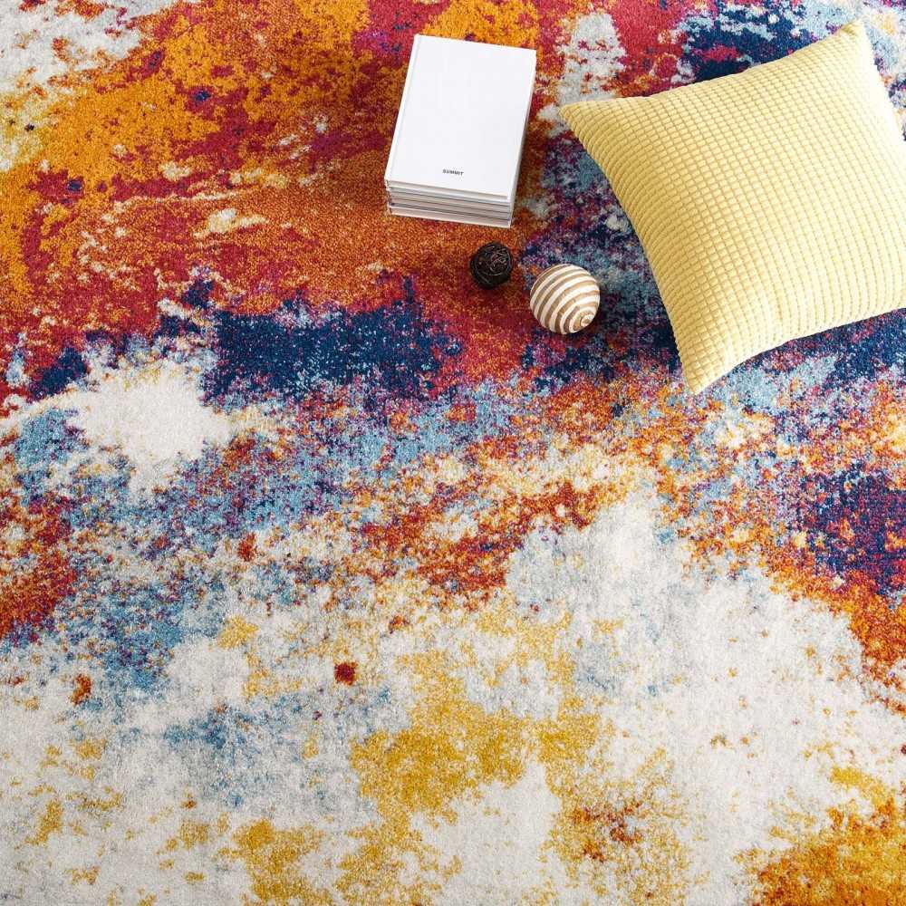 Entourage Adeline Contemporary Modern Abstract 8x10 Area Rug, Red, Orange, Yellow, Blue, Ivory