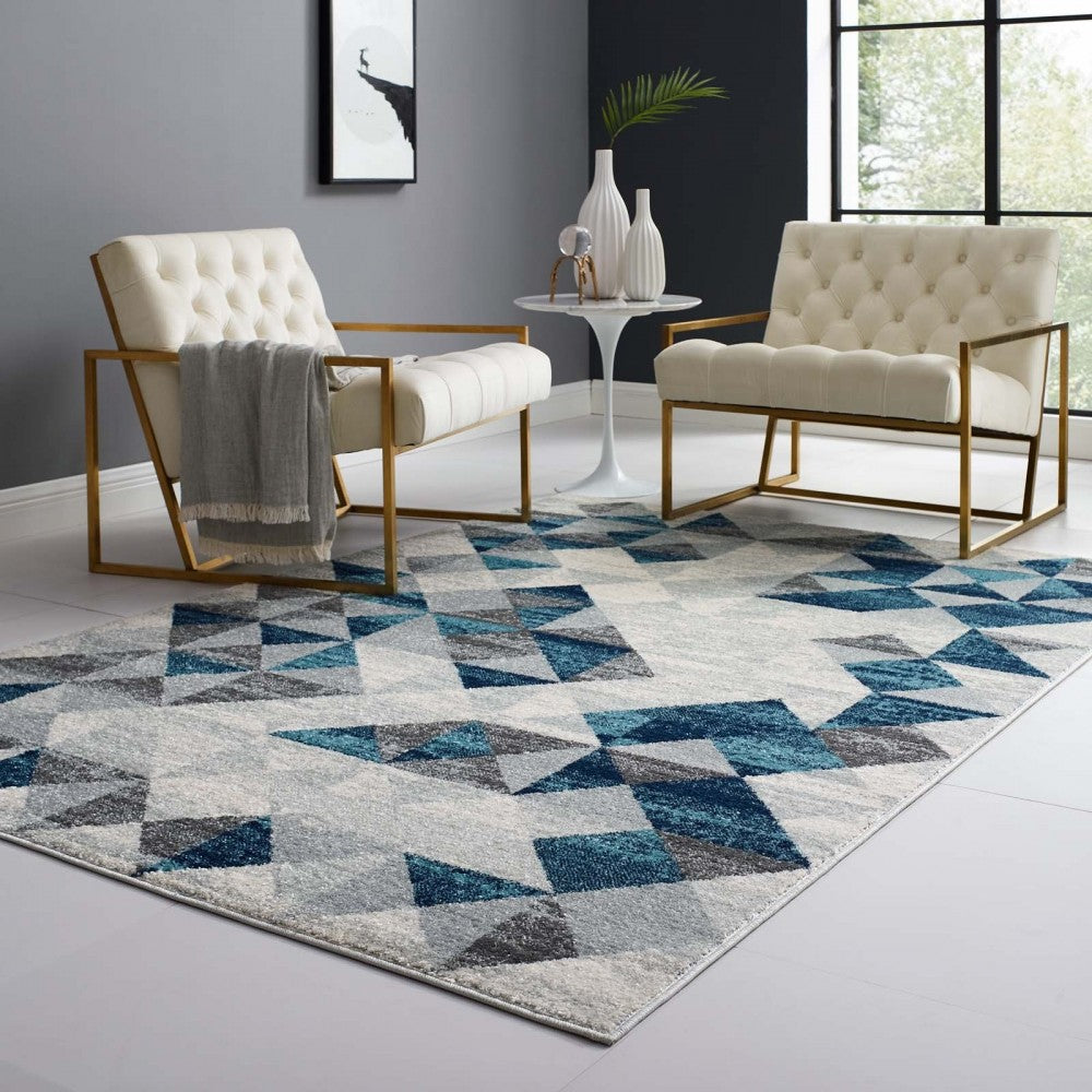 Entourage Elettra Distressed Geometric Triangle Mosaic 5x8 Area Rug, Gray and Blue