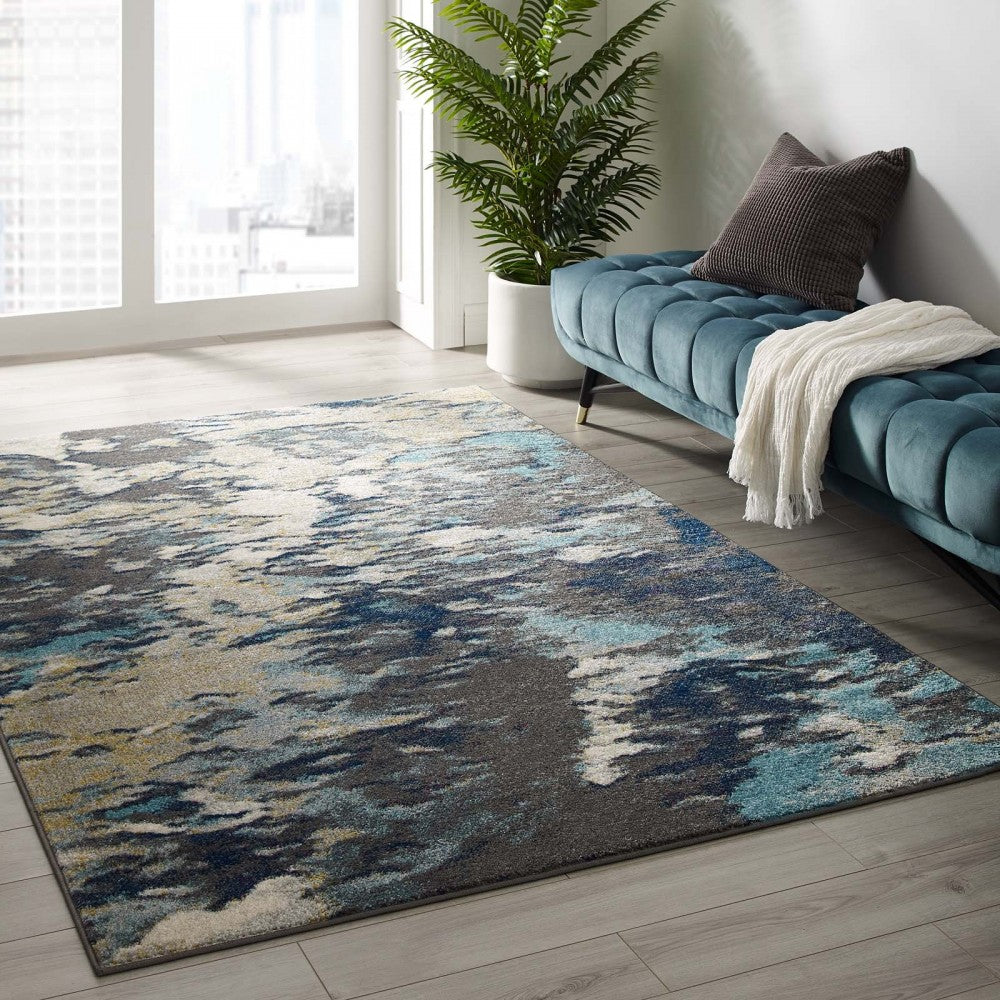 Entourage Foliage Contemporary Modern Abstract 5x8 Area Rug, Blue, Tan, Gray