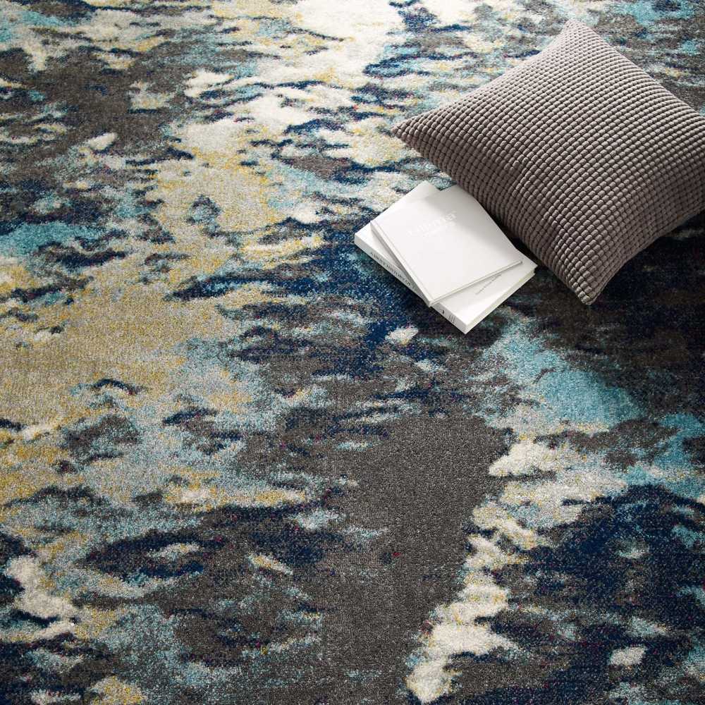 Entourage Foliage Contemporary Modern Abstract 5x8 Area Rug, Blue, Tan, Gray