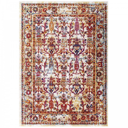 Entourage Jessa Distressed Vintage Floral Lattice 5x8 Area Rug, Ivory, Blue, Orange, Yellow, Red