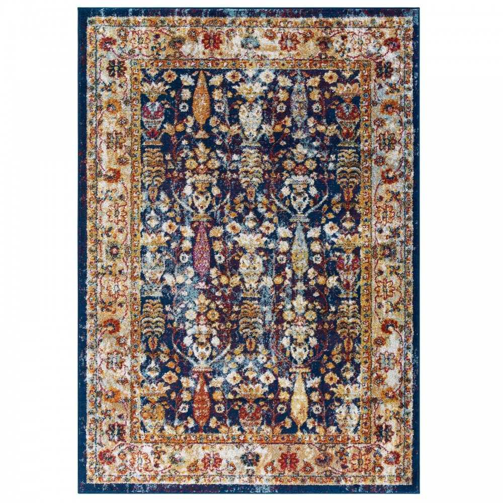 Entourage Jessa Distressed Vintage Floral Lattice 8x10 Area Rug, Blue, Orange, Yellow, Red