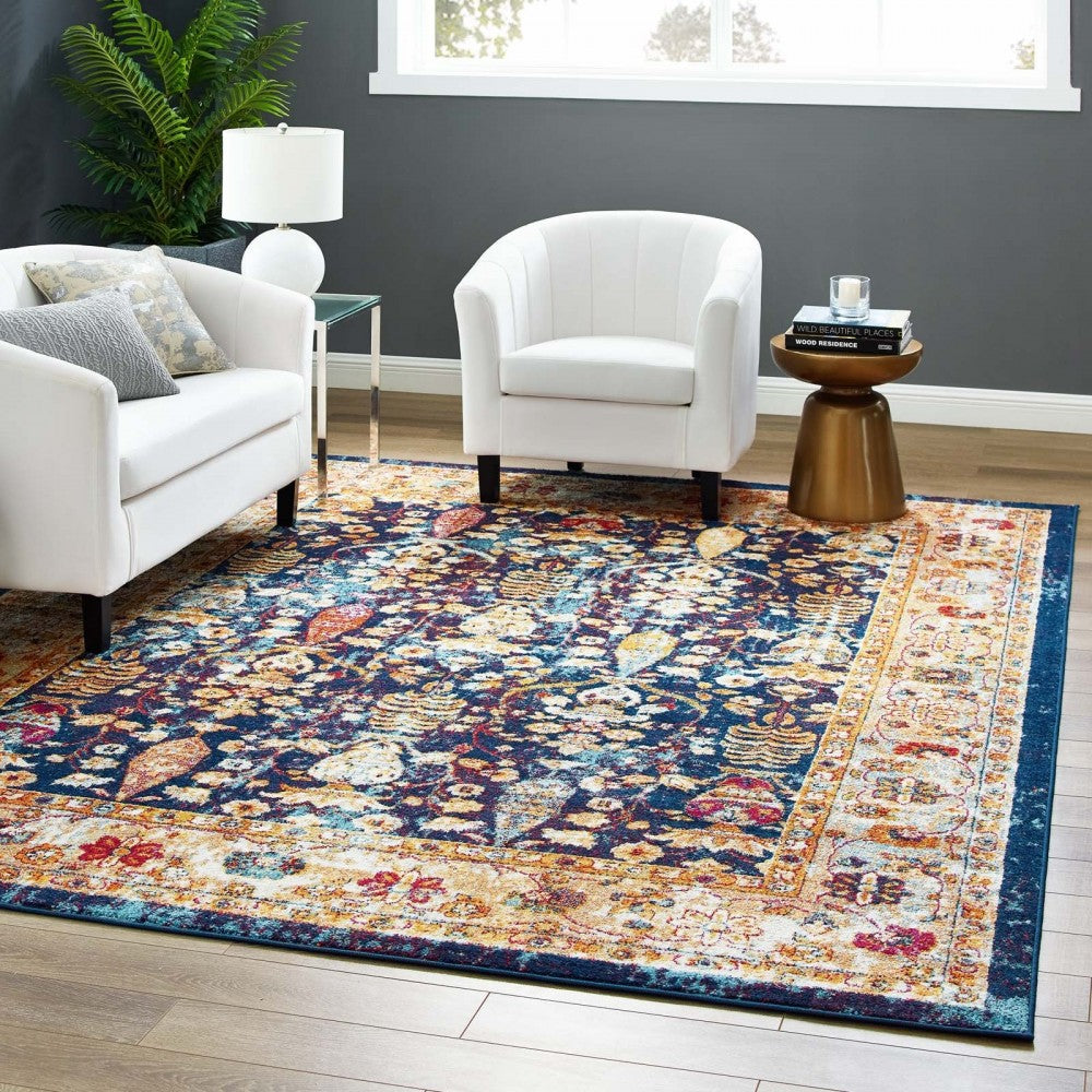 Entourage Jessa Distressed Vintage Floral Lattice 8x10 Area Rug, Blue, Orange, Yellow, Red