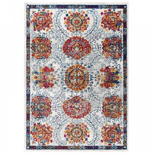 Entourage Kensie Distressed Floral Moroccan Trellis 8x10 Area Rug, Ivory, Blue, Red,Orange,Yellow