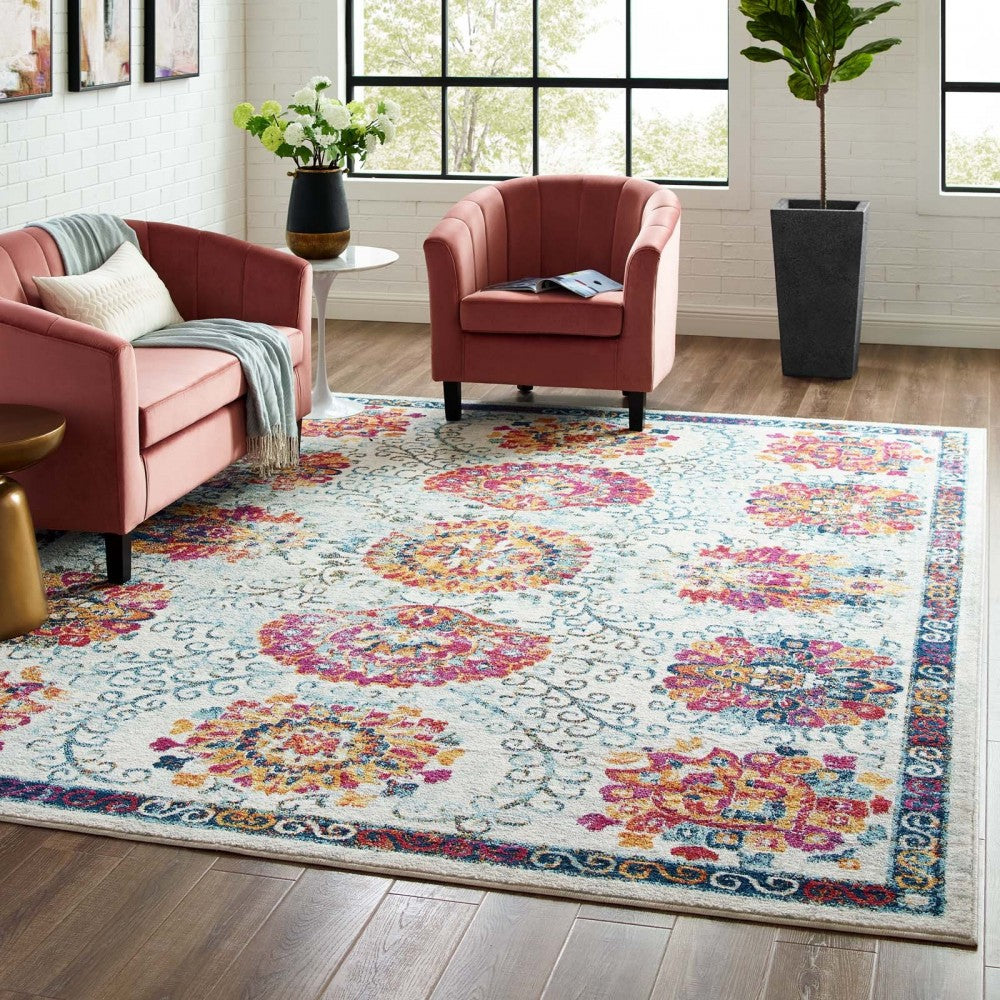 Entourage Kensie Distressed Floral Moroccan Trellis 8x10 Area Rug, Ivory, Blue, Red,Orange,Yellow