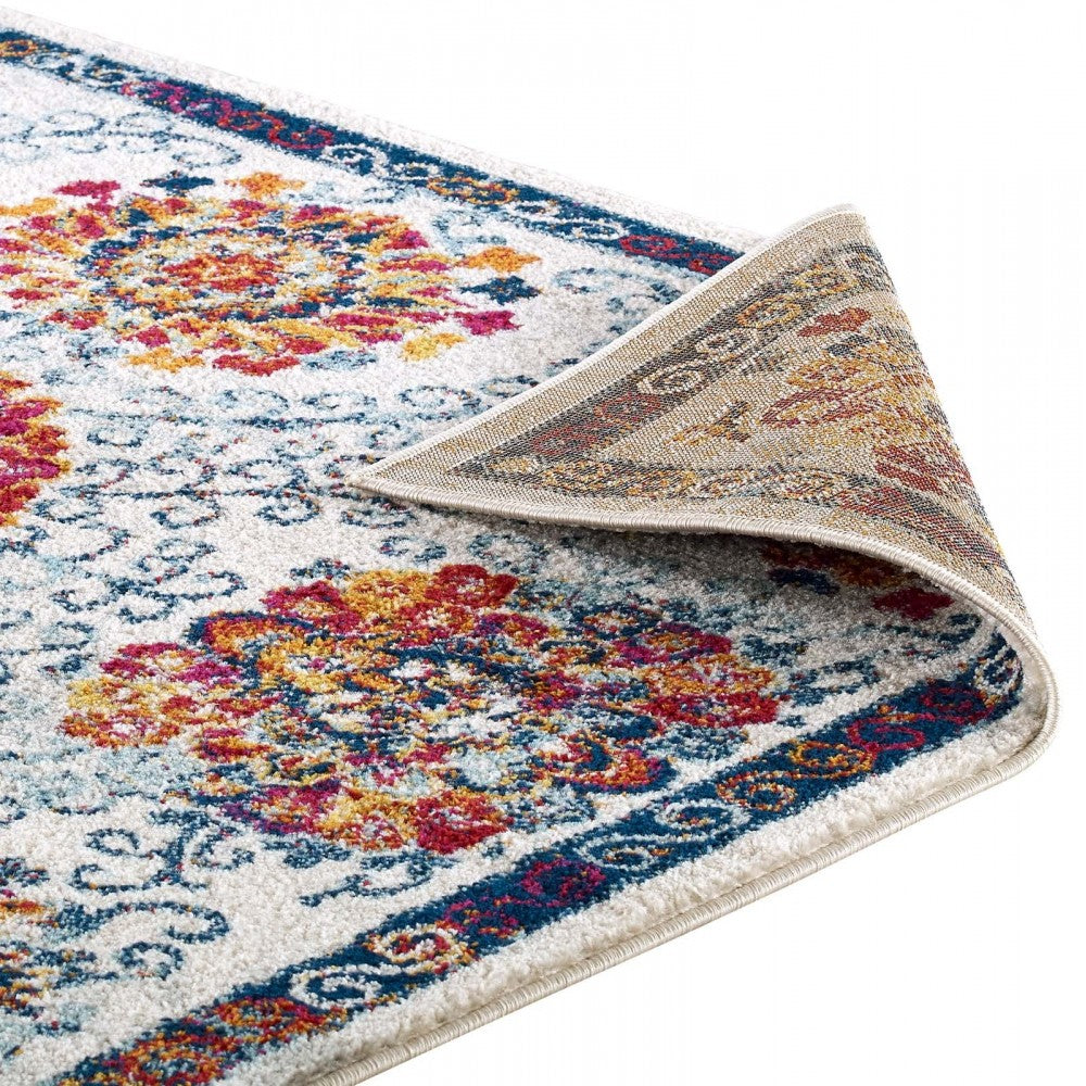 Entourage Kensie Distressed Floral Moroccan Trellis 8x10 Area Rug, Ivory, Blue, Red,Orange,Yellow