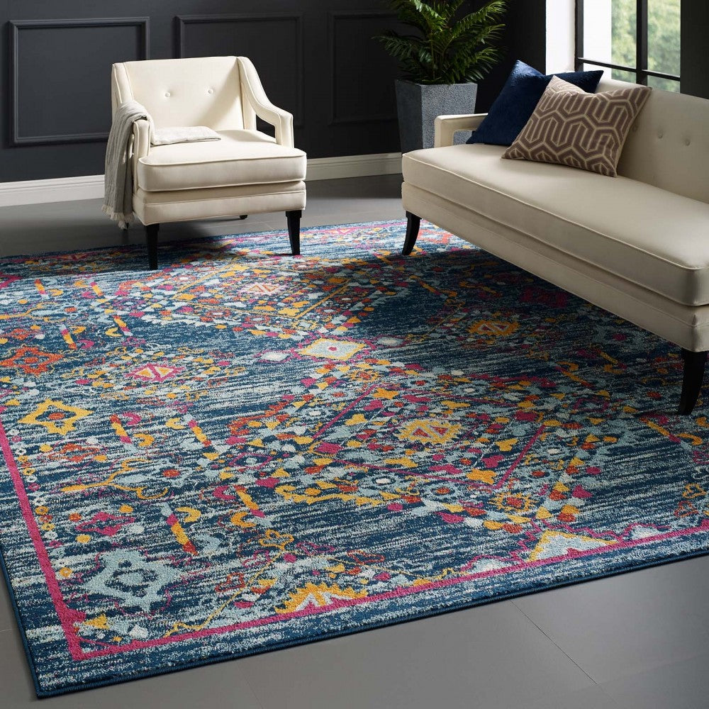 Entourage Khalida Distressed Floral Lattice 8x10 Area Rug, Blue, Orange, Yellow, Red