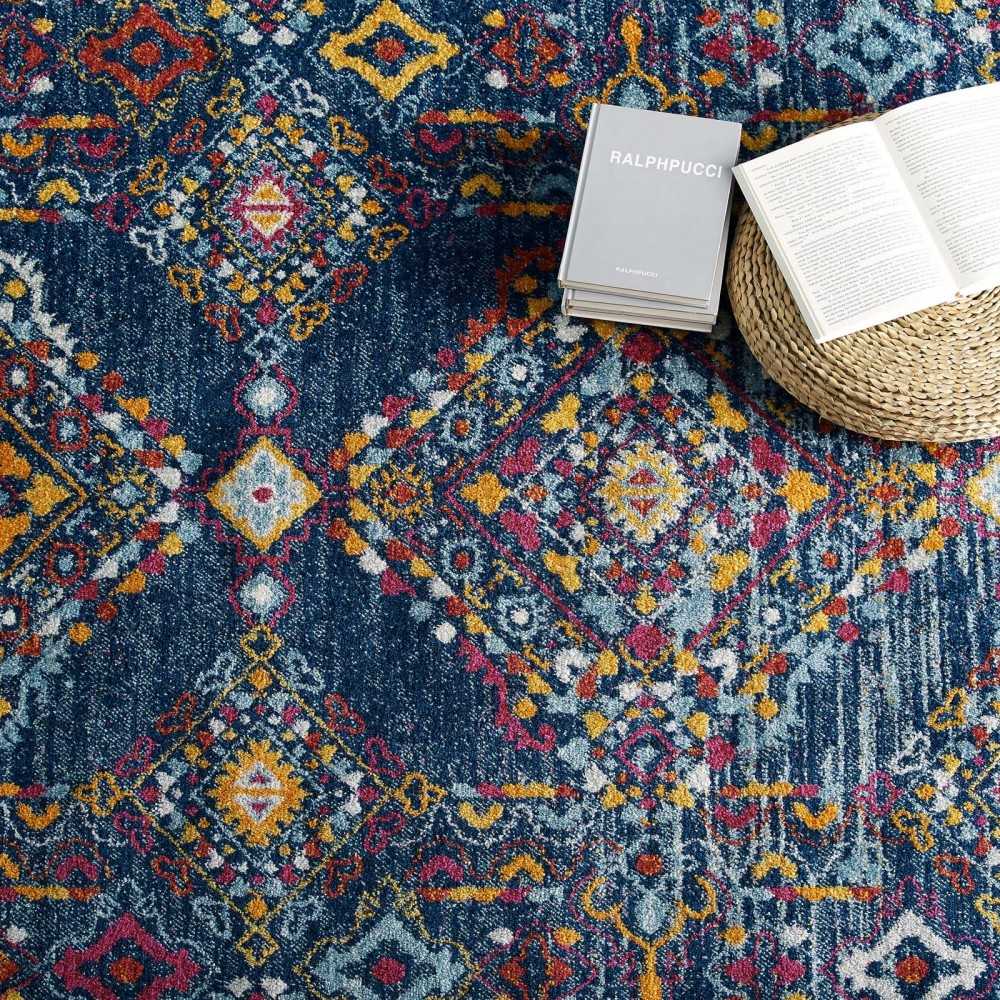 Entourage Khalida Distressed Floral Lattice 8x10 Area Rug, Blue, Orange, Yellow, Red