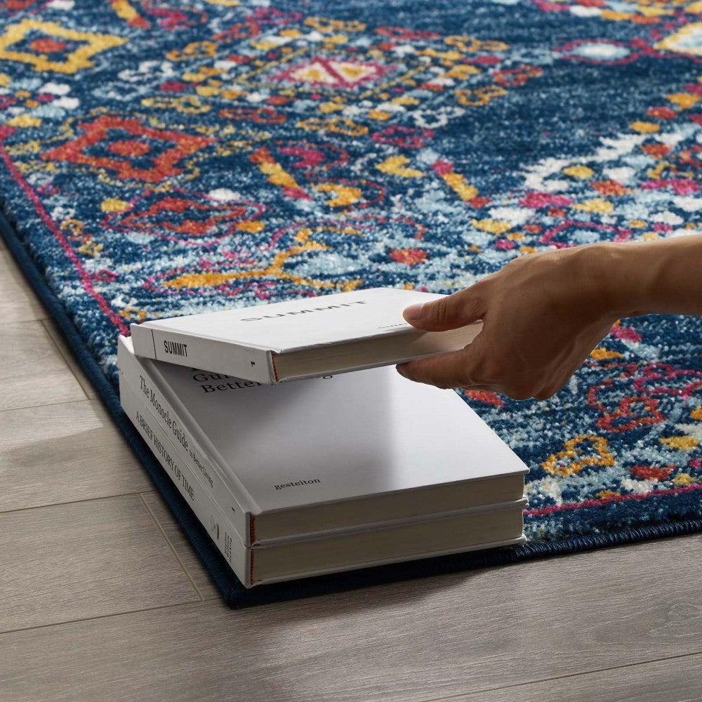 Entourage Khalida Distressed Floral Lattice 8x10 Area Rug, Blue, Orange, Yellow, Red