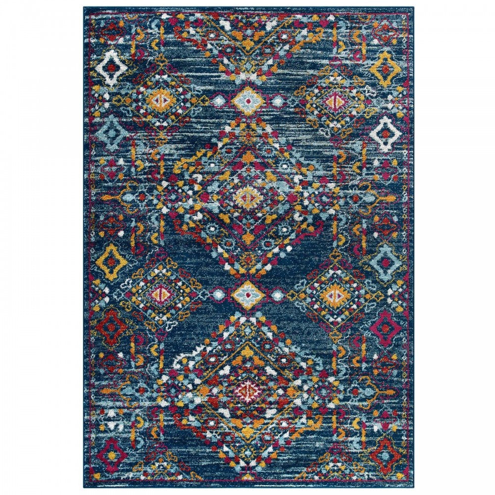 Entourage Khalida Distressed Vintage Floral Lattice 5x8 Area Rug, Blue, Orange, Yellow, Red