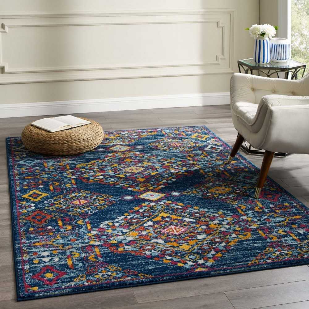 Entourage Khalida Distressed Vintage Floral Lattice 5x8 Area Rug, Blue, Orange, Yellow, Red
