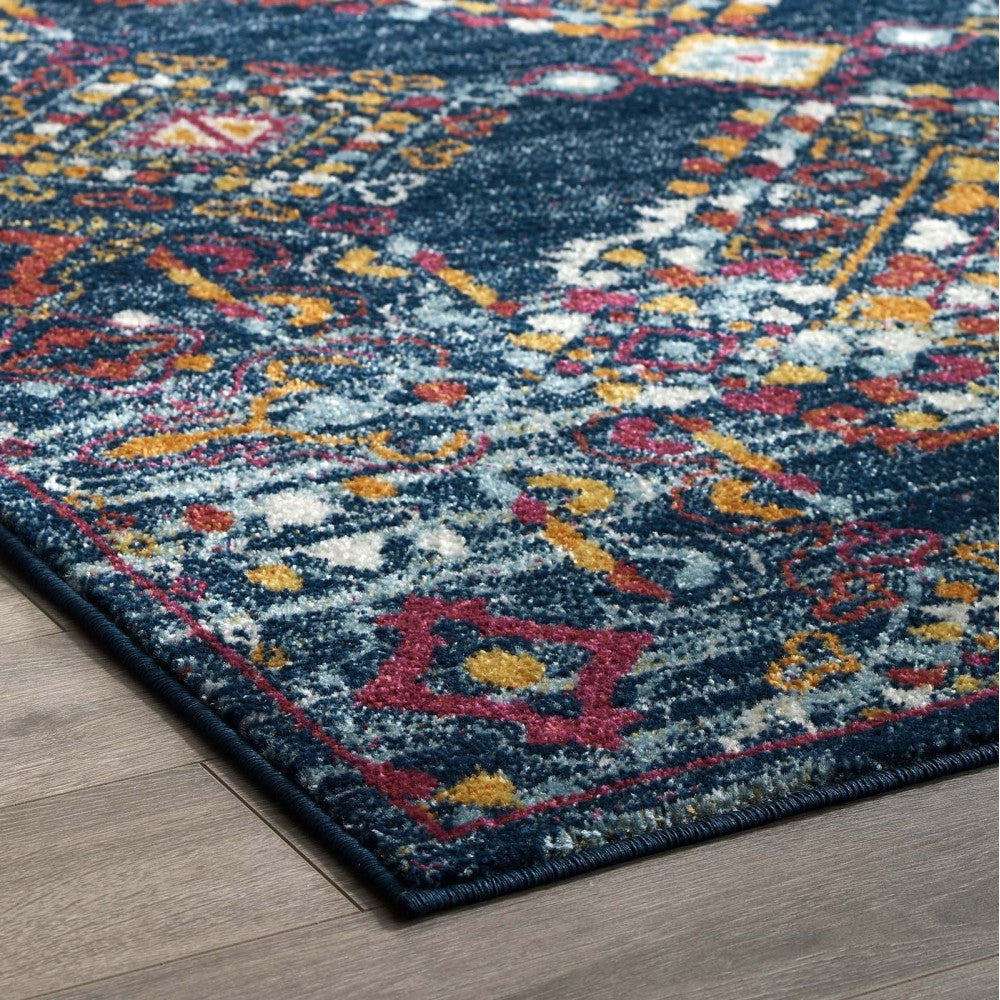 Entourage Khalida Distressed Vintage Floral Lattice 5x8 Area Rug, Blue, Orange, Yellow, Red