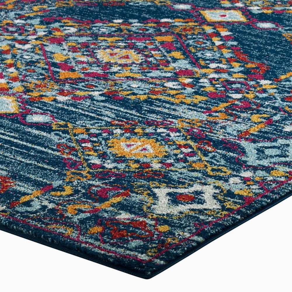 Entourage Khalida Distressed Vintage Floral Lattice 5x8 Area Rug, Blue, Orange, Yellow, Red
