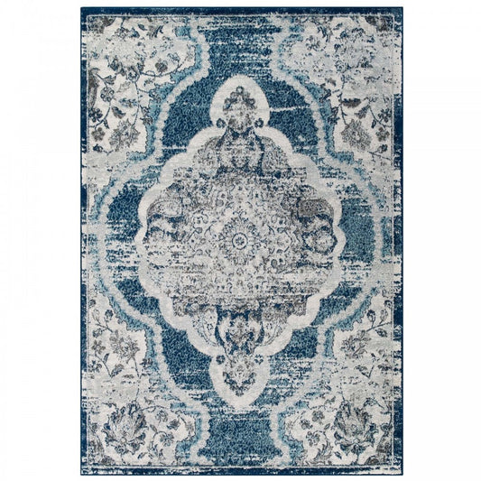 Entourage Malia Distressed Vintage Floral Persian Medallion 5x8 Area Rug, Ivory and Blue