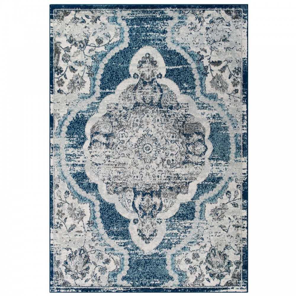 Entourage Malia Distressed Vintage Floral Persian Medallion 8x10 Area Rug, Ivory and Blue