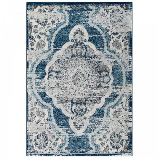 Entourage Malia Distressed Vintage Floral Persian Medallion 8x10 Area Rug, Ivory and Blue