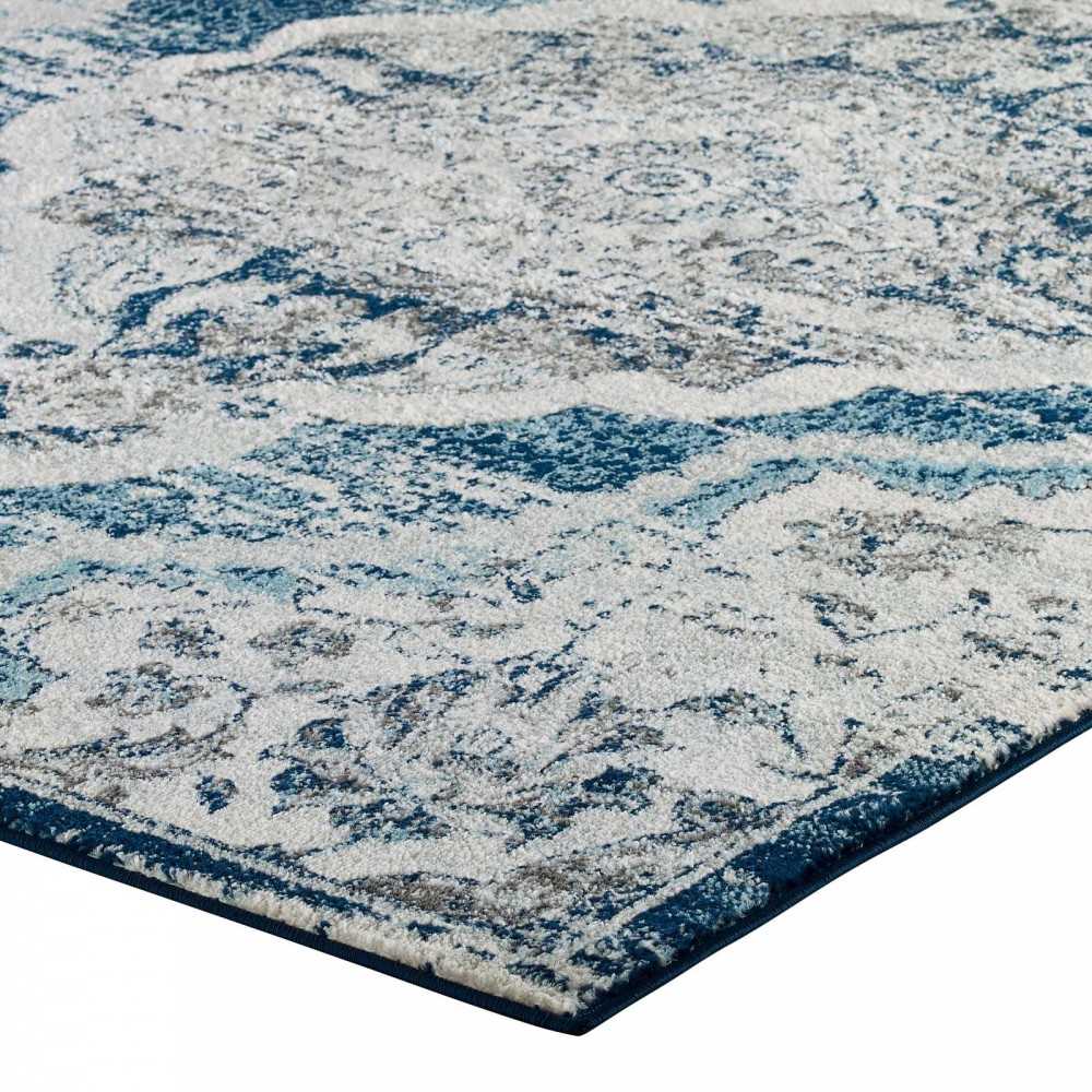Entourage Malia Distressed Vintage Floral Persian Medallion 8x10 Area Rug, Ivory and Blue
