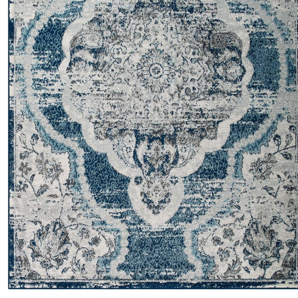 Entourage Malia Distressed Vintage Floral Persian Medallion 8x10 Area Rug, Ivory and Blue