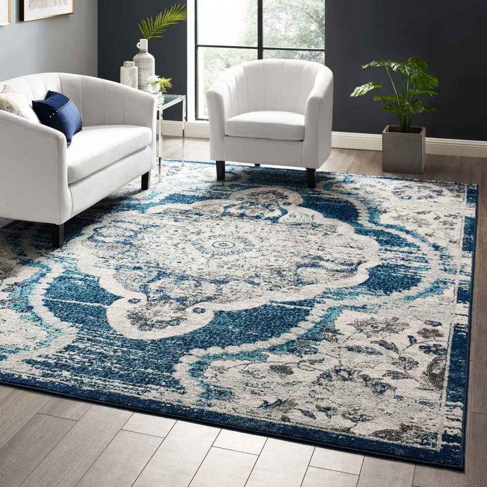 Entourage Malia Distressed Vintage Floral Persian Medallion 8x10 Area Rug, Ivory and Blue