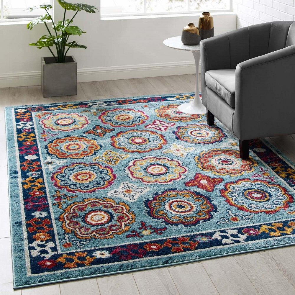 Entourage Odile Distressed Floral Moroccan Trellis 5x8 Area Rug, Blue, Red, Orange Yellow