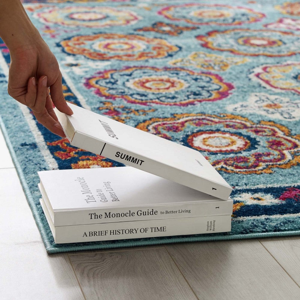 Entourage Odile Distressed Floral Moroccan Trellis 5x8 Area Rug, Blue, Red, Orange Yellow