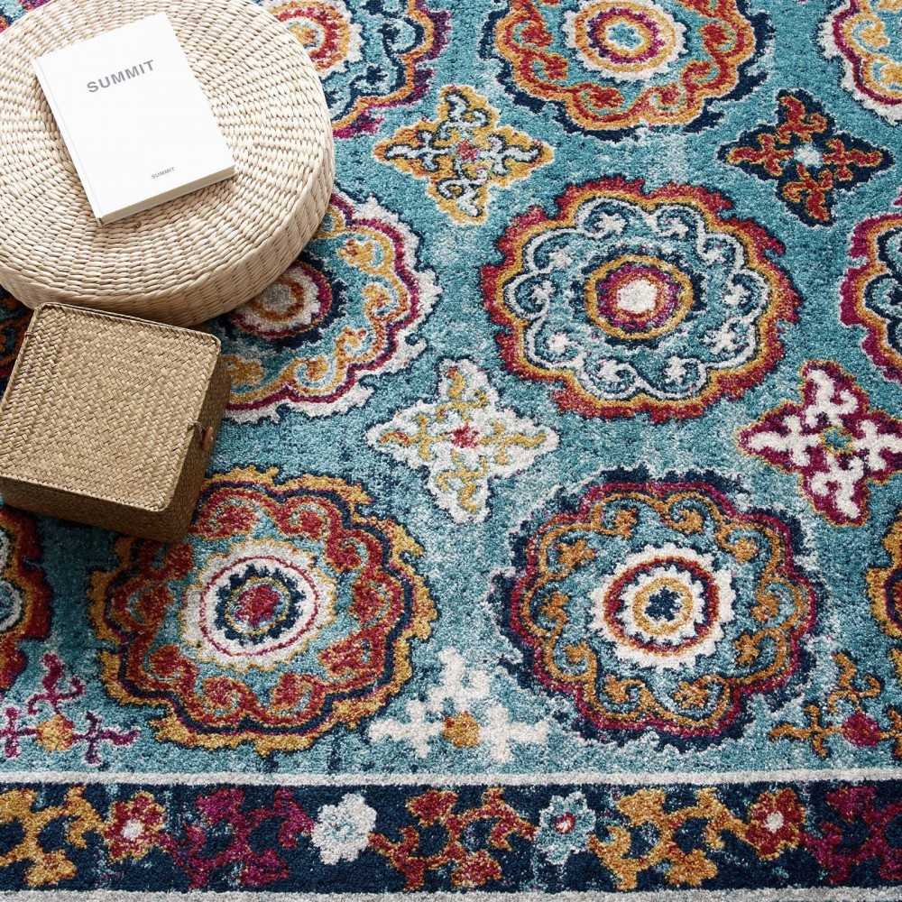 Entourage Odile Distressed Floral Moroccan Trellis 5x8 Area Rug, Blue, Red, Orange Yellow