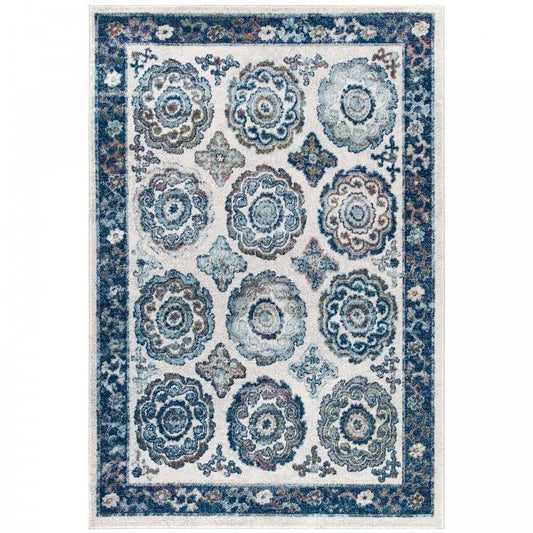 Entourage Odile Distressed Floral Moroccan Trellis 5x8 Area Rug, Ivory and Blue