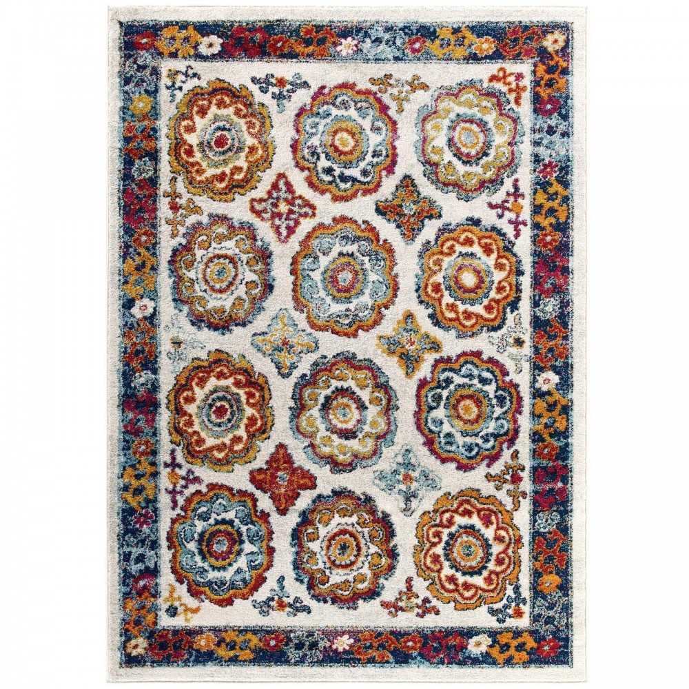 Entourage Odile Distressed Floral Moroccan Trellis 5x8 Area Rug, Ivory, Blue, Red, Orange, Yellow