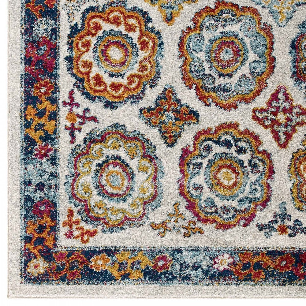 Entourage Odile Distressed Floral Moroccan Trellis 5x8 Area Rug, Ivory, Blue, Red, Orange, Yellow